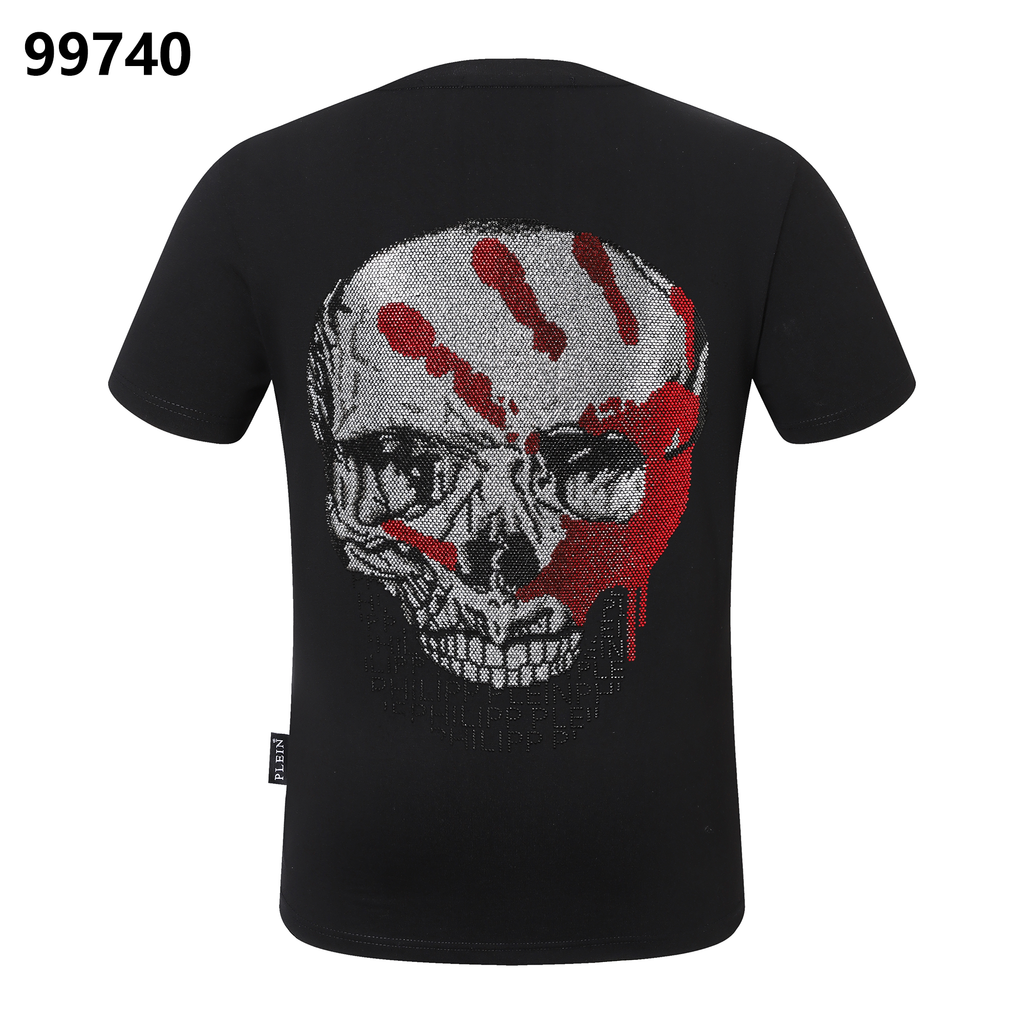 PHILIPP PLEIN Round-Neck T-Shirt with a Skull and Blood-Red Palm Design
