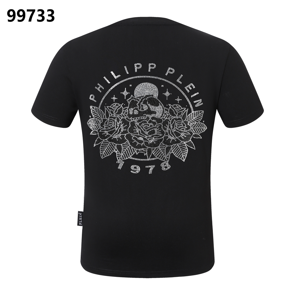 PHILIPP PLEIN Round-Neck T-Shirt with Rose Embroidery and Rhinestones