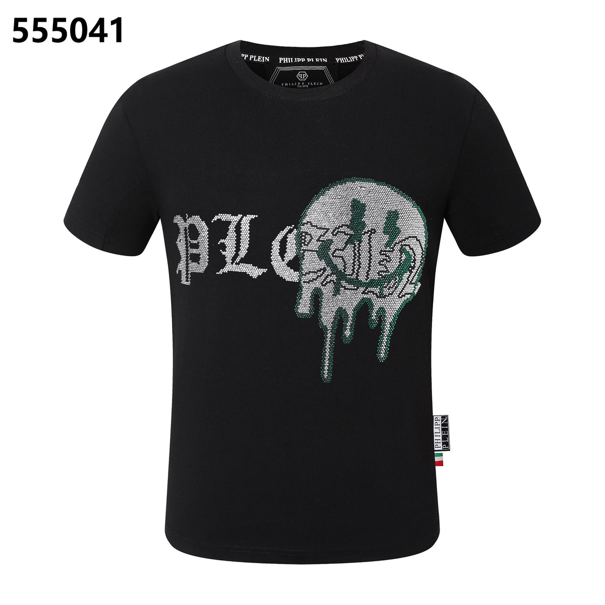 PHILIPP PLEIN Round-Neck T-Shirt with Embroidered Letters and Rhinestones