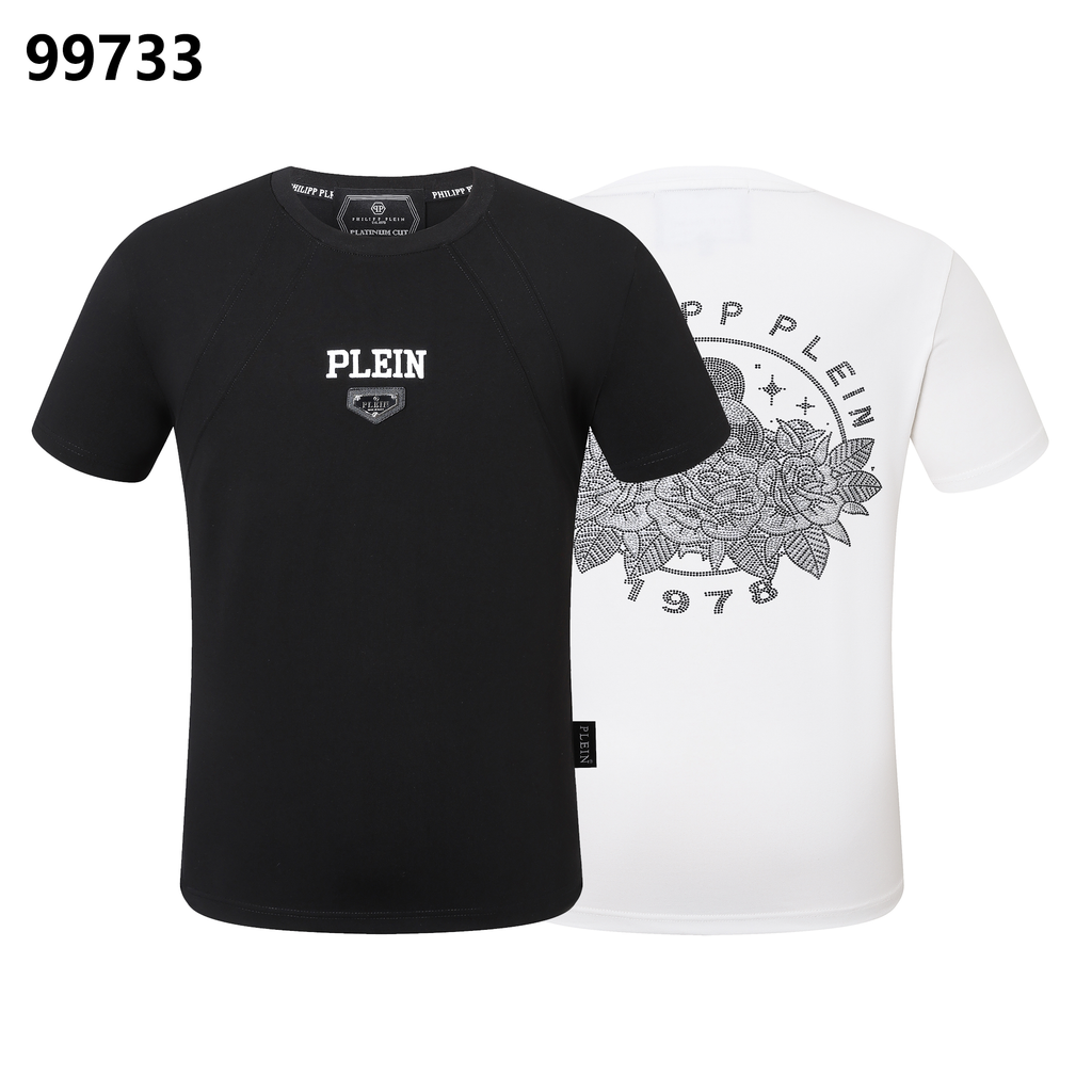 PHILIPP PLEIN Round-Neck T-Shirt with Rose Embroidery and Rhinestones