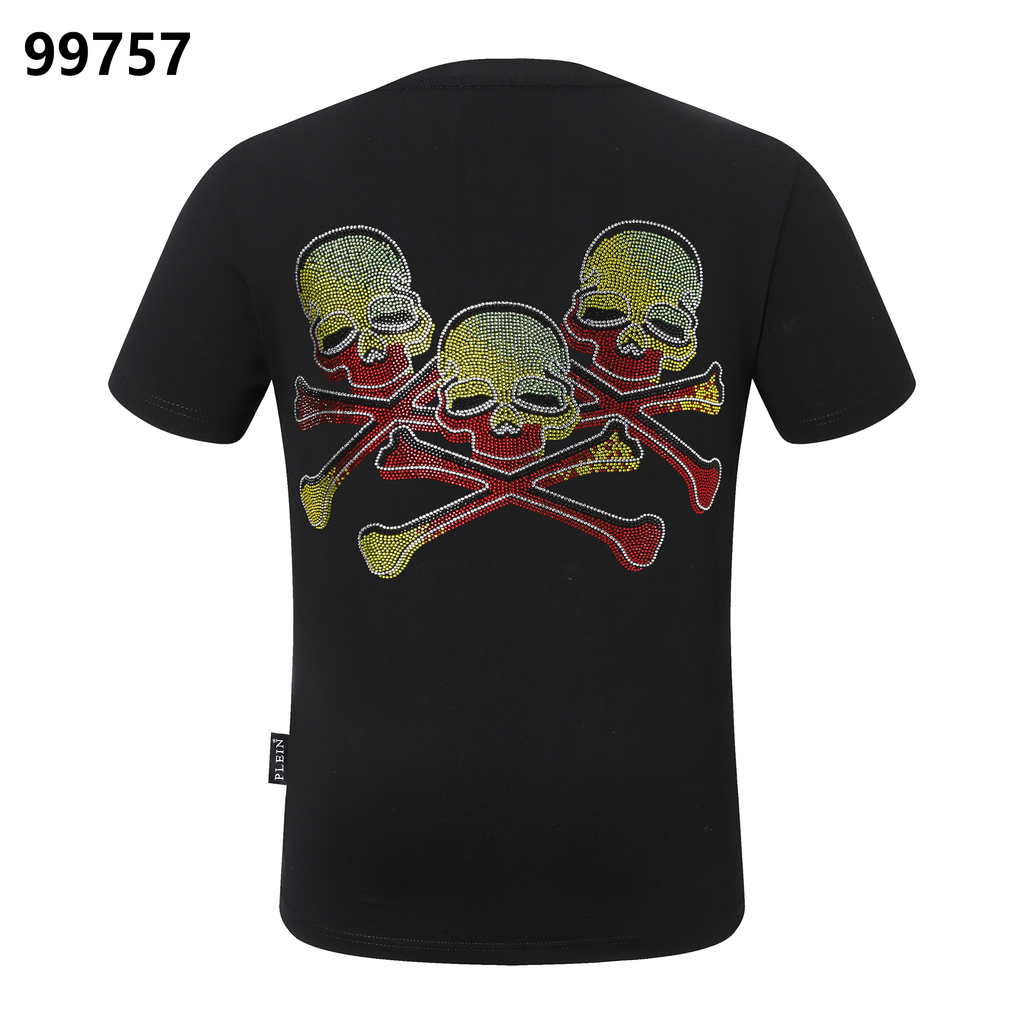 PHILIPP PLEIN Round-Neck T-Shirt with Colorful Skull Print and Rhinestone Embellishments
