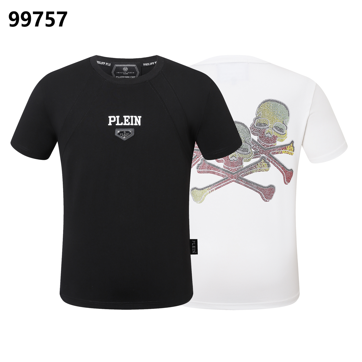 PHILIPP PLEIN Round-Neck T-Shirt with Colorful Skull Print and Rhinestone Embellishments